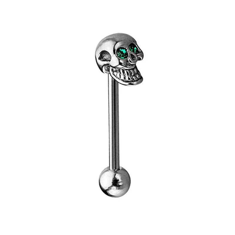 Single gothic skull tongue piercing barbell featuring emerald green gem eyes on white background.