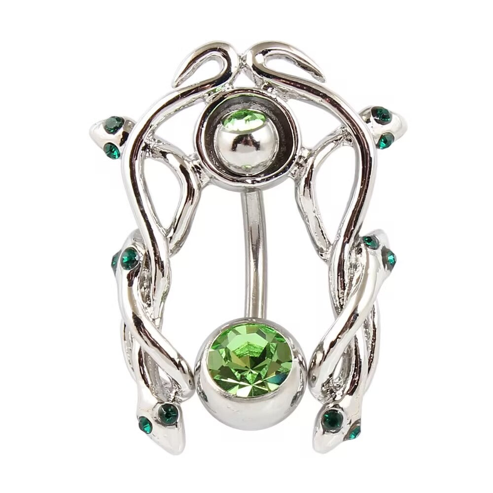 Front view of an emerald green snake belly button ring shield featuring double twisted serpents and green cubic zirconia accents.
