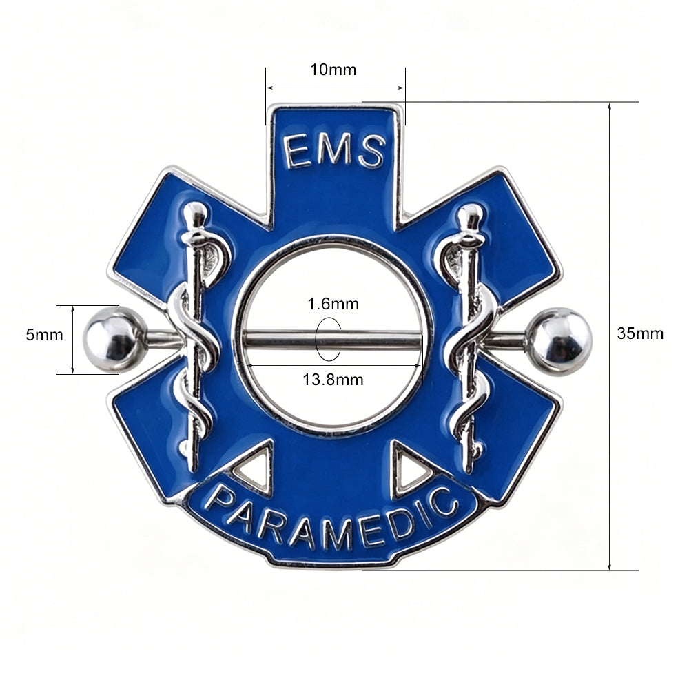Blue EMS Paramedic Star of Life nipple shield piercing jewelry with a straight barbell, featuring detailed size measurements including 1.6mm bar gauge, 13.8mm inner diameter, 5mm ends, and 35mm total shield height on a clean white background.