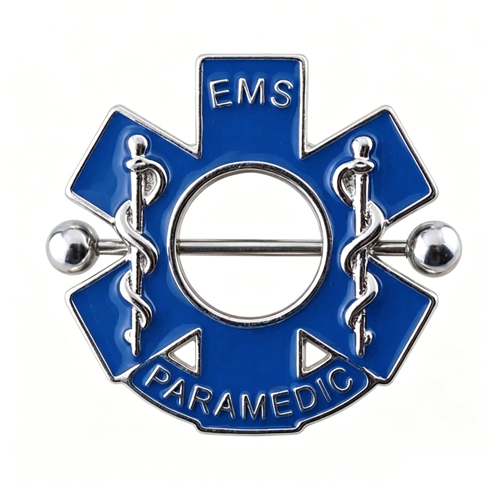 Blue Star of Life EMS Paramedic nipple shield with silver barbell and medical symbols.