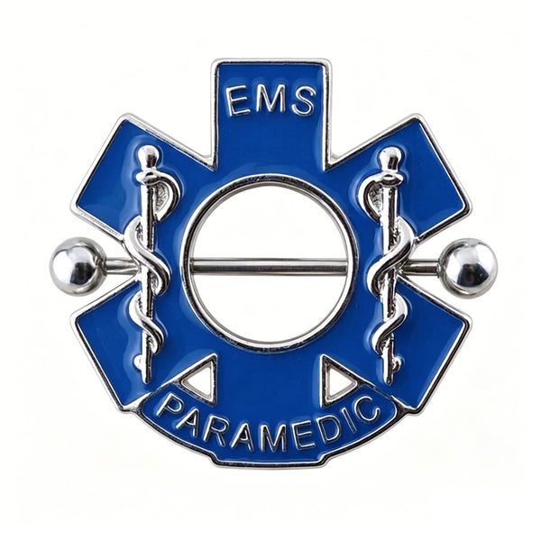 Blue Star of Life EMS Paramedic nipple shield with silver barbell and medical symbols.