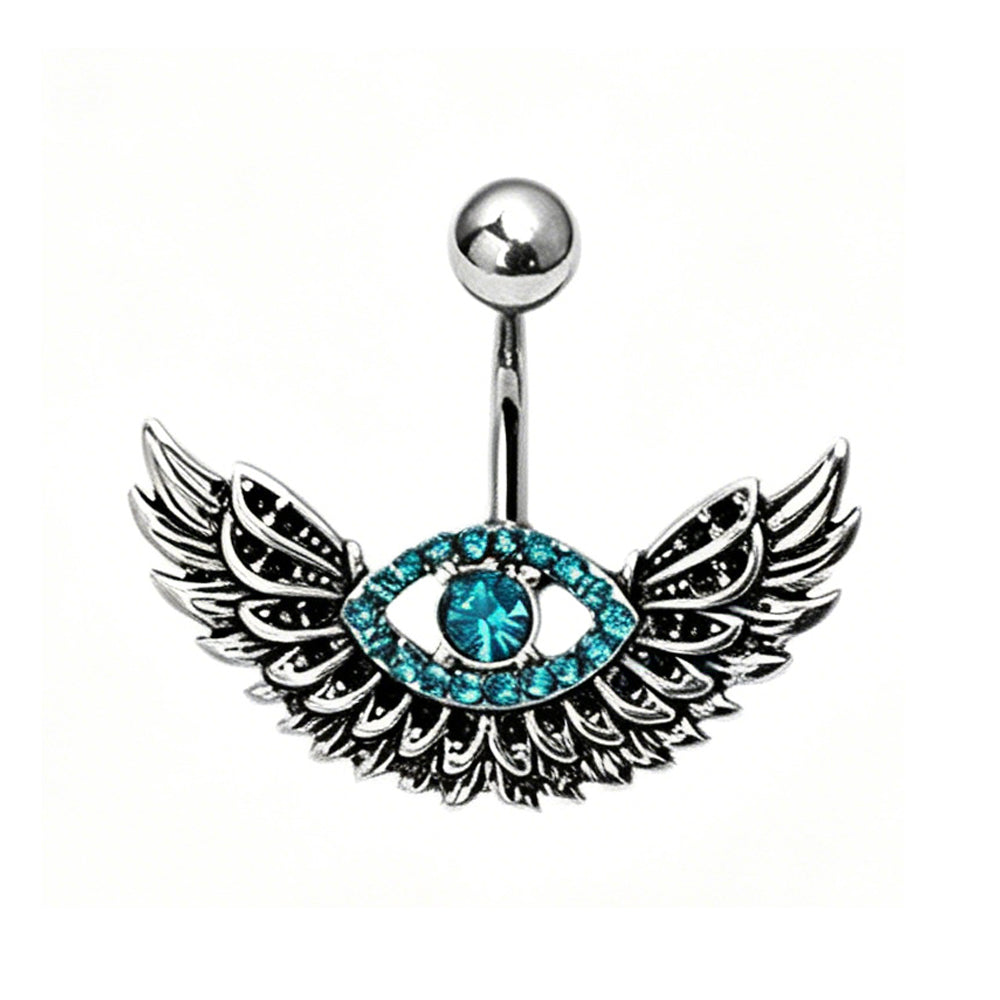 Front view of a vintage silver angel wing belly ring with a blue crystal evil eye.