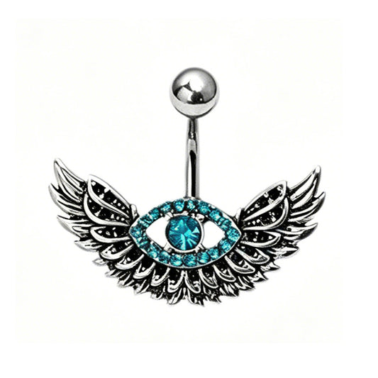 Front view of a vintage silver angel wing belly ring with a blue crystal evil eye.
