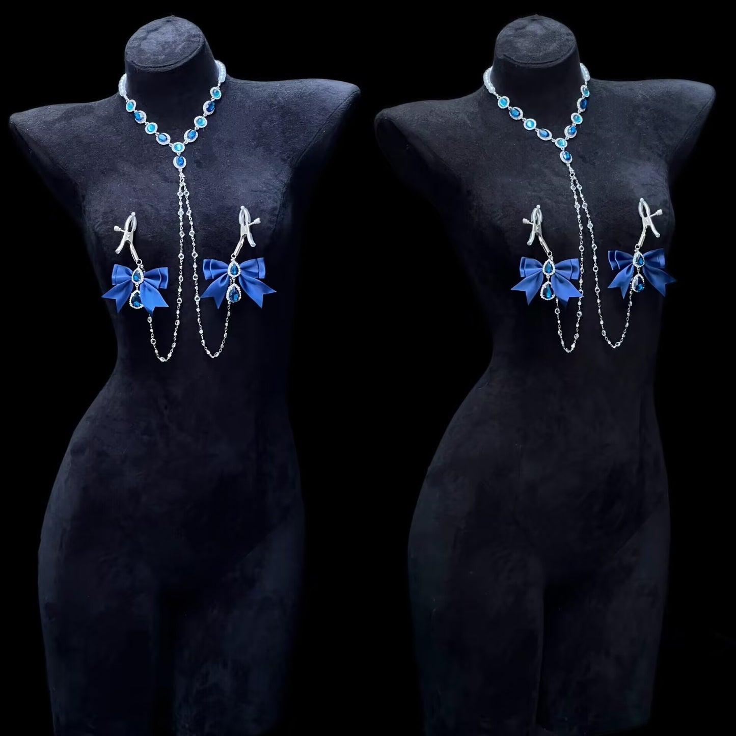 Two views of a black mannequin displaying the exotic blue rhinestone statement necklace and adjustable clamp body chain from different side angles.