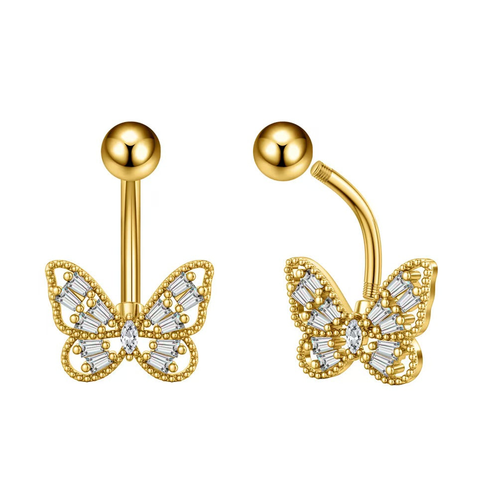 Externally threaded 14G butterfly belly ring with a detachable 5mm top ball showing how to wear.
