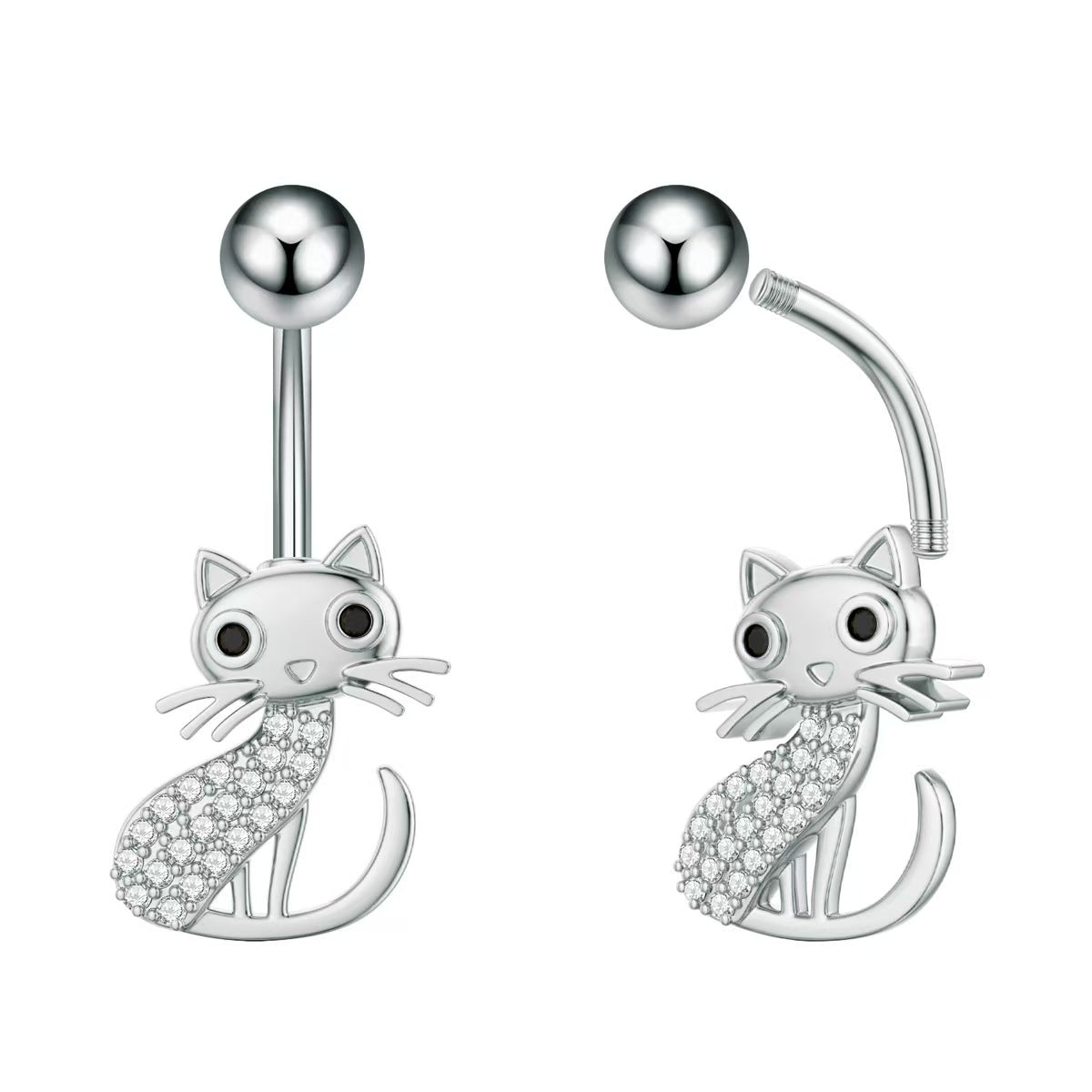 Silver cat navel ring assembly showing the externally threaded curved barbell structure and removable 5mm top ball.