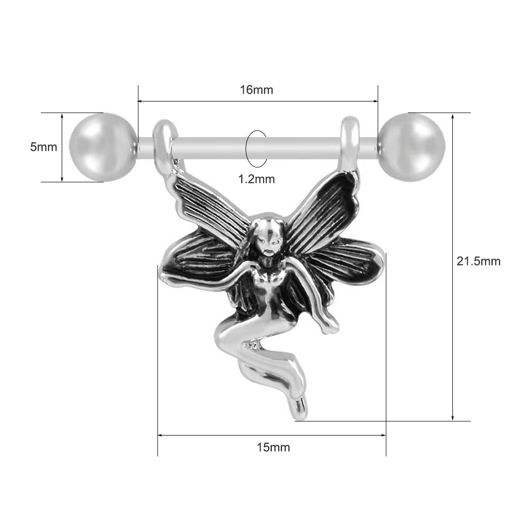 Detailed dimension chart for fairy nipple barbell including 16mm bar length and 1.2mm gauge.