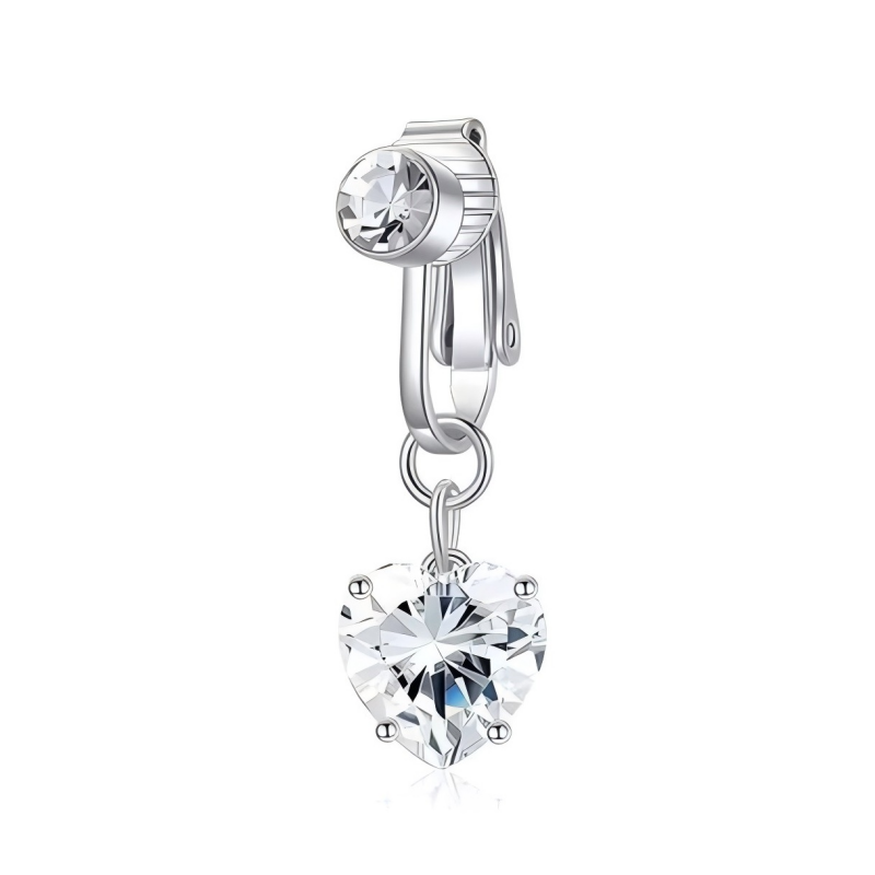 Silver clip-on fake belly button ring with a sparkling clear heart-cut cubic zirconia dangle.