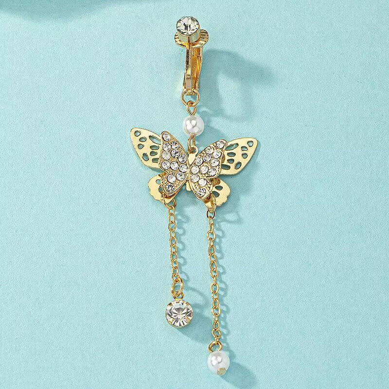 Front view of non piercing butterfly fake belly ring with crystal tassel and pearl dangles