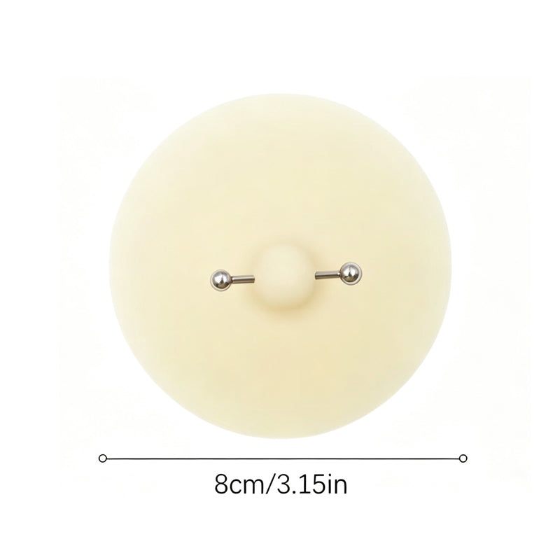 Single beige fake nipple piercing silicone pasty measured at 8cm or 3.15 inches in diameter with faux metal barbell.