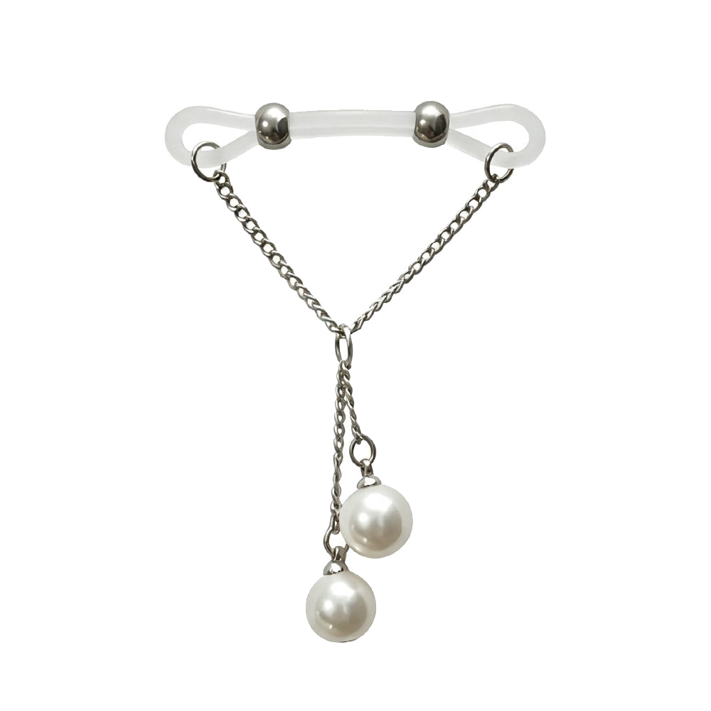 Non-piercing clear silicone nipple ring clamp pair with double elegant white faux pearl pendants.