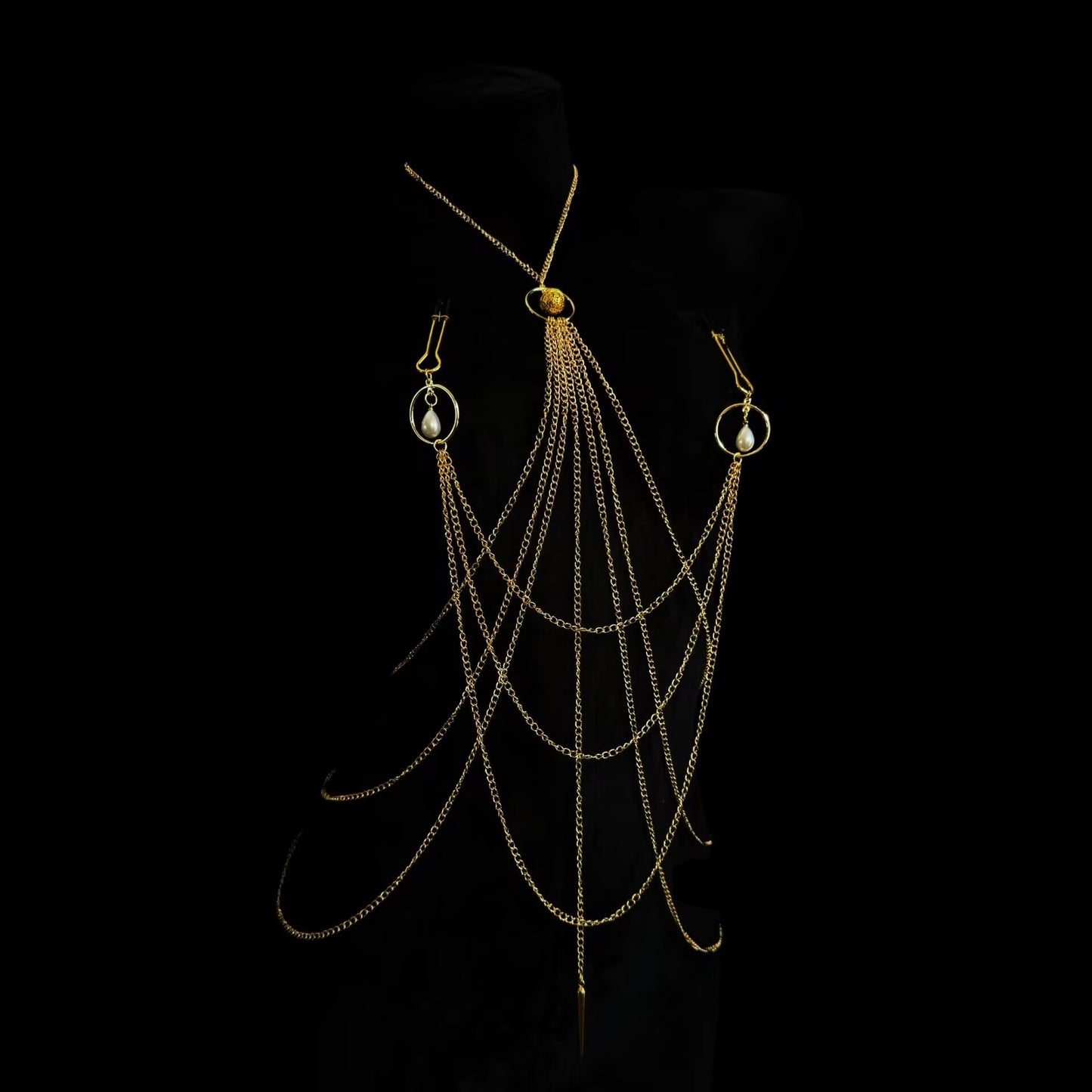 Fake nipple piercing body chain jewelry with gold ring pearl drops and secure squeeze clamps