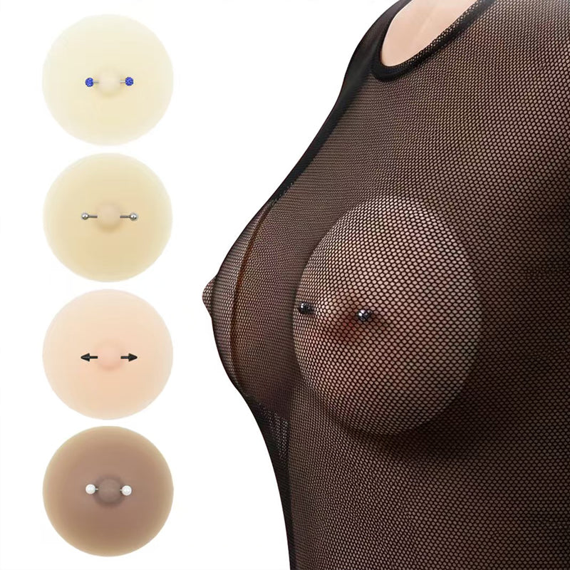Multi-shade fake nipple piercing silicone pasties in various skin tones featuring a model wearing mesh outfit with non-pierced nipple barbells.
