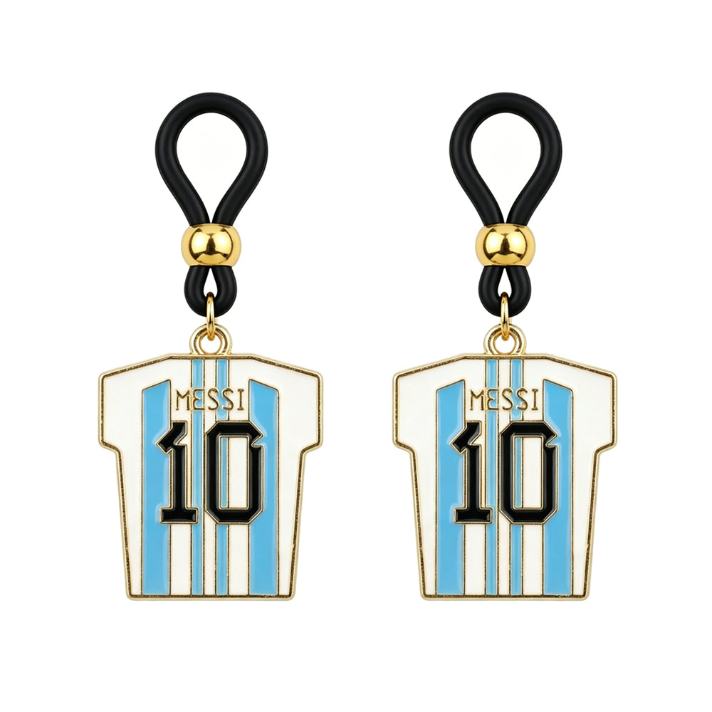 A matching pair of adjustable fake nipple rings featuring Lionel Messi Argentina 10 football jersey pendants for alternative soccer fan body jewelry.