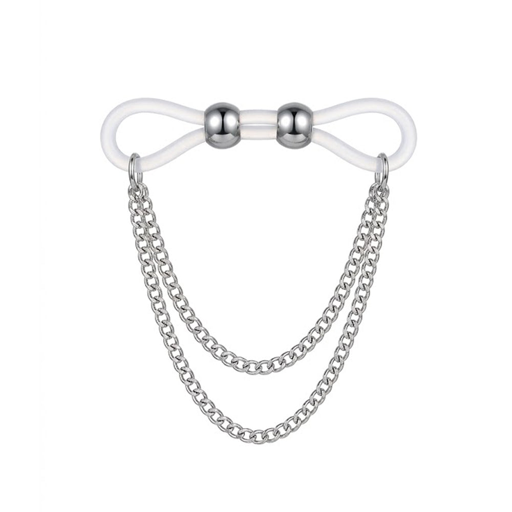 One piece from a pair of clear silicone fake nipple clamp with silver adjustable beads and a two-tier metal chain.