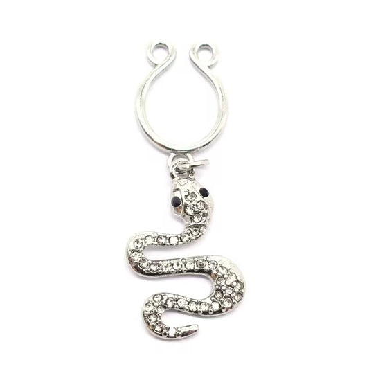 High-definition front view of a crystal-encrusted snake pendant for faux nipple piercing jewelry.