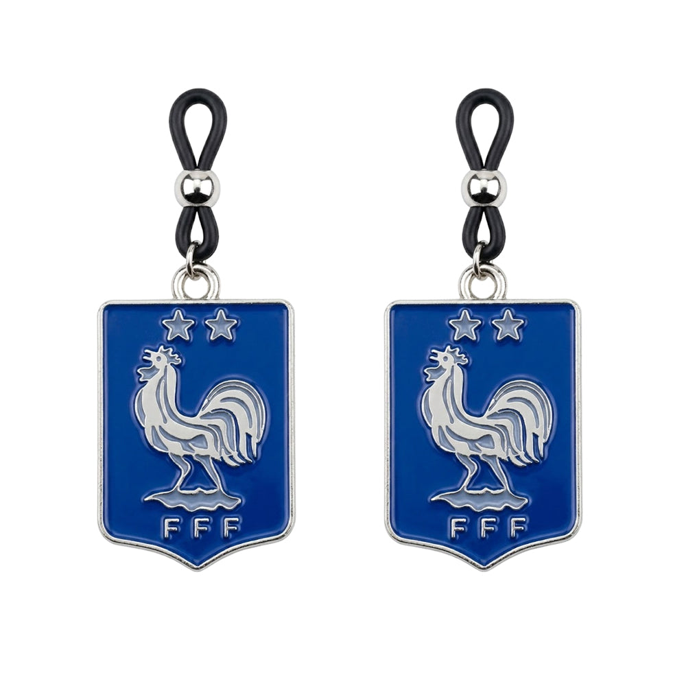 A pair of adjustable fake nipple rings with dangle FFF soccer team shield pendants, displaying the white Gallic Rooster on a royal blue background for alternative sports fan fashion.