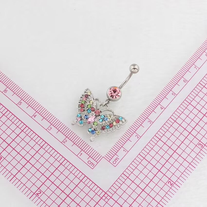 Size measurement guide of the filigree crystal butterfly dangle belly button piercing showing length and width dimensions in centimeters.
