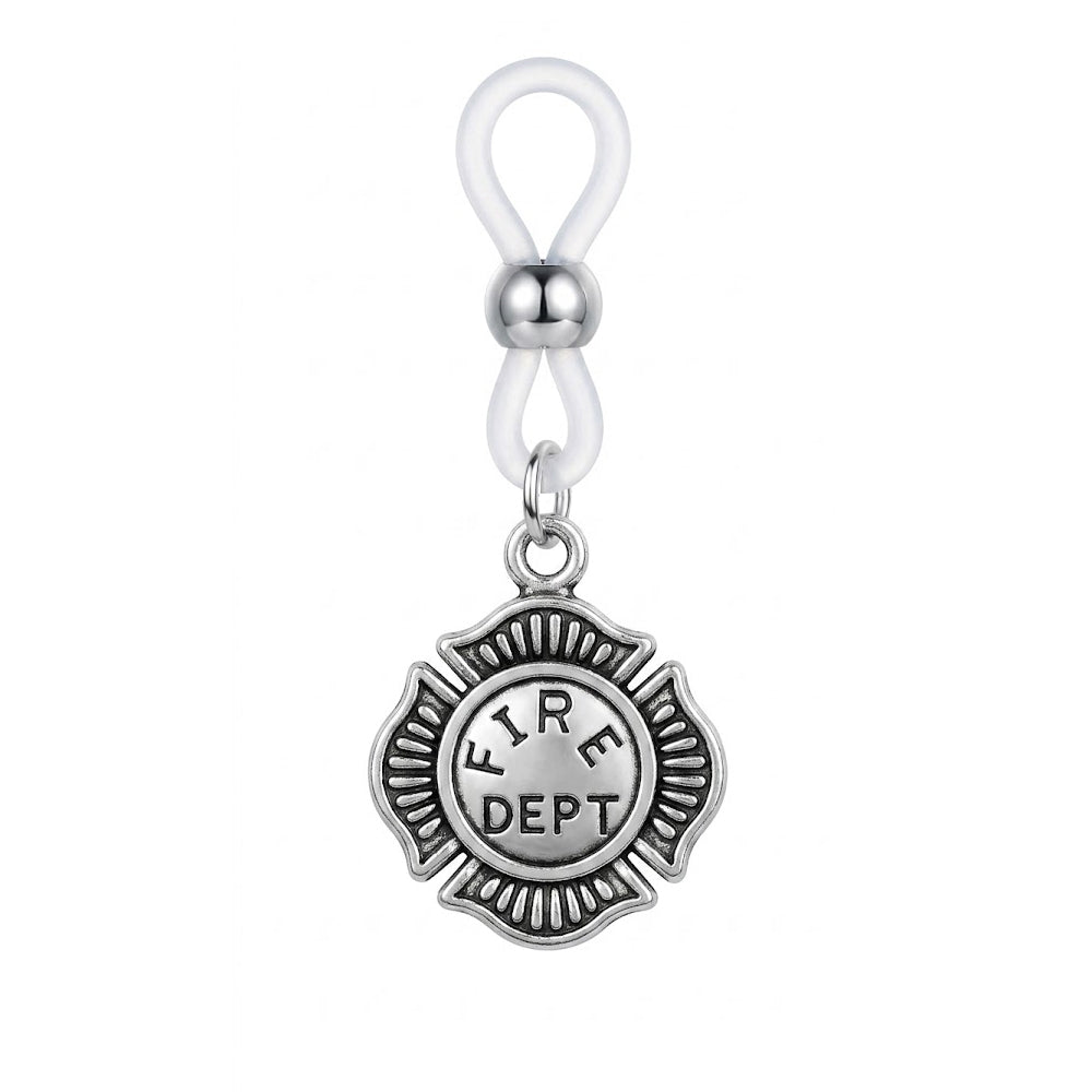 Single antique silver non-piercing nipple ring with an embossed Fire Dept Maltese Cross charm hanging from an adjustable clear silicone loop with a metallic slider bead on a pure white background.
