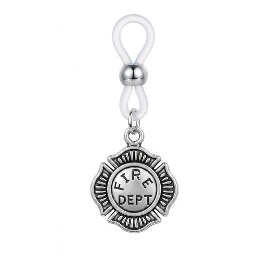 Single antique silver non-piercing nipple ring with an embossed Fire Dept Maltese Cross charm hanging from an adjustable clear silicone loop with a metallic slider bead on a pure white background.