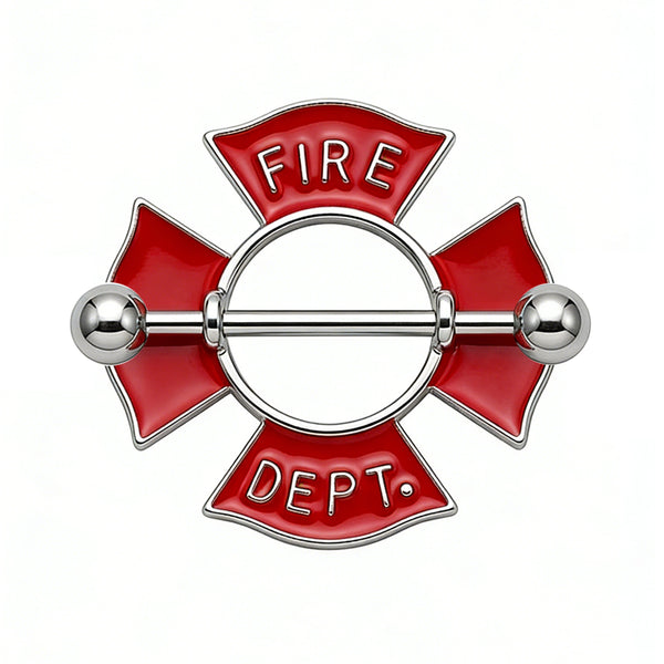 Red enamel Fire Dept. nipple shield with Maltese cross design.