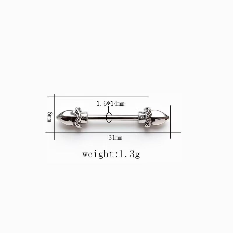 Vintage fleur-de-lis spear head design nipple barbell 1.6x14mm sizing overview.