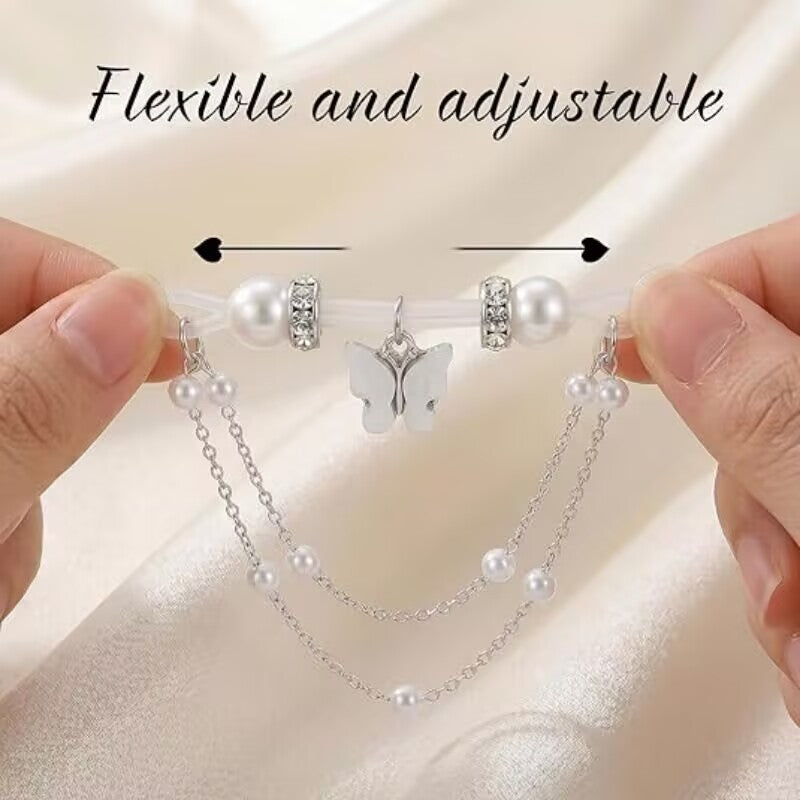 Close-up of flexible and adjustable clear silicone loop mechanism on butterfly fake nipple clamps showing how to fit without piercing.