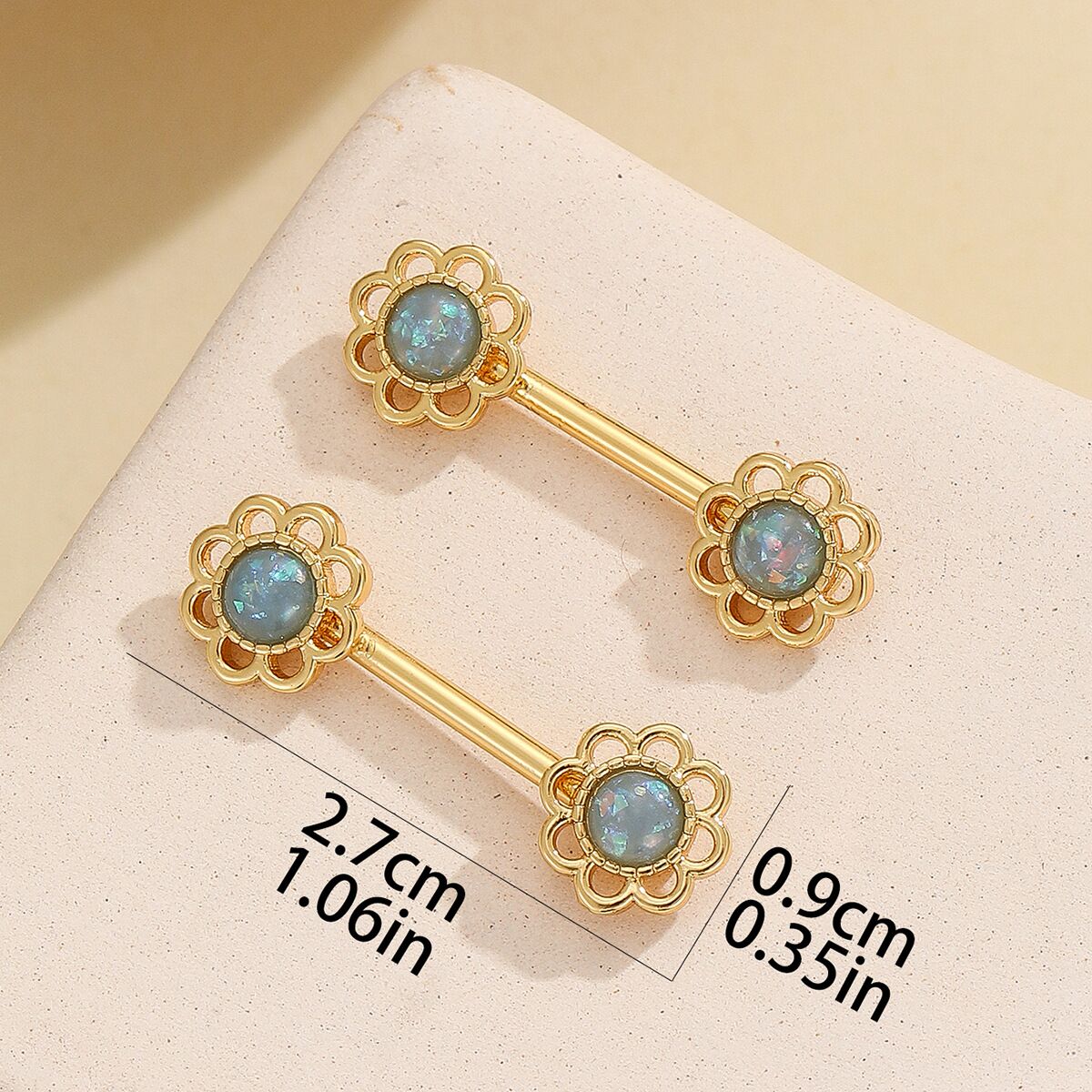 Size guide for floral fake nipple rings showing 2.7cm length and 0.9cm flower diameter.