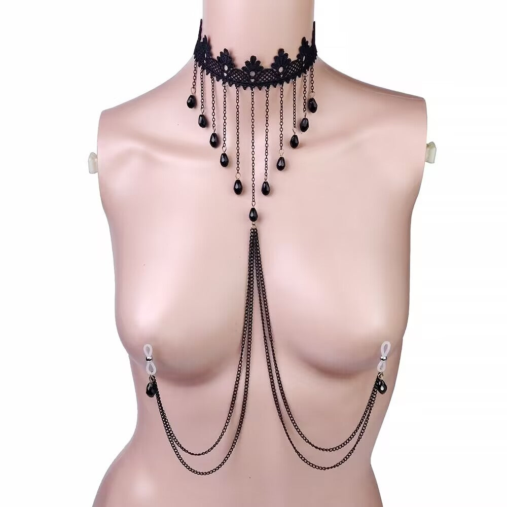 Elegant black lace choker with multiple hanging bead tassels extending into a double breast chain harness.