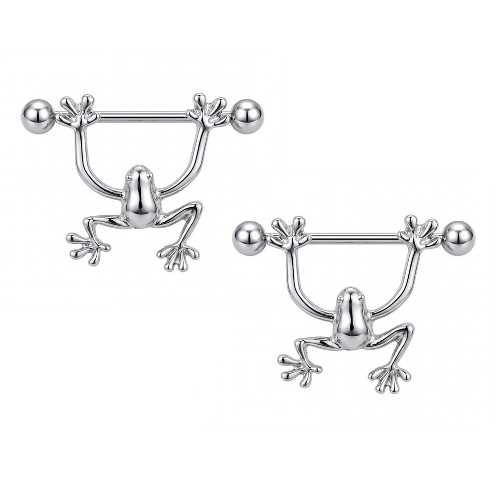 A pair of matching frog-themed nipple barbells displayed symmetrically.