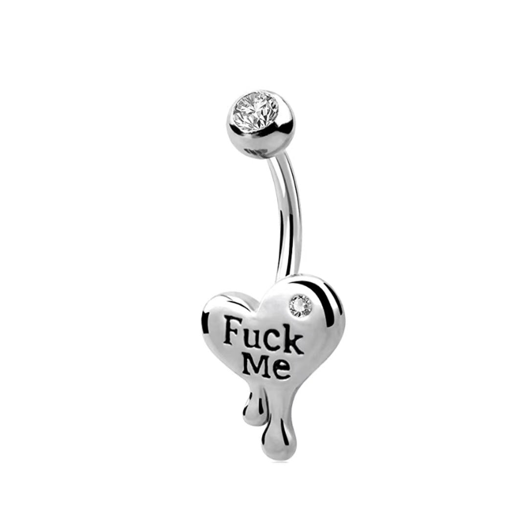 A sassy baddie aesthetic navel ring with a silver dripping heart design featured a small crystal and engraved text Fuck Me.