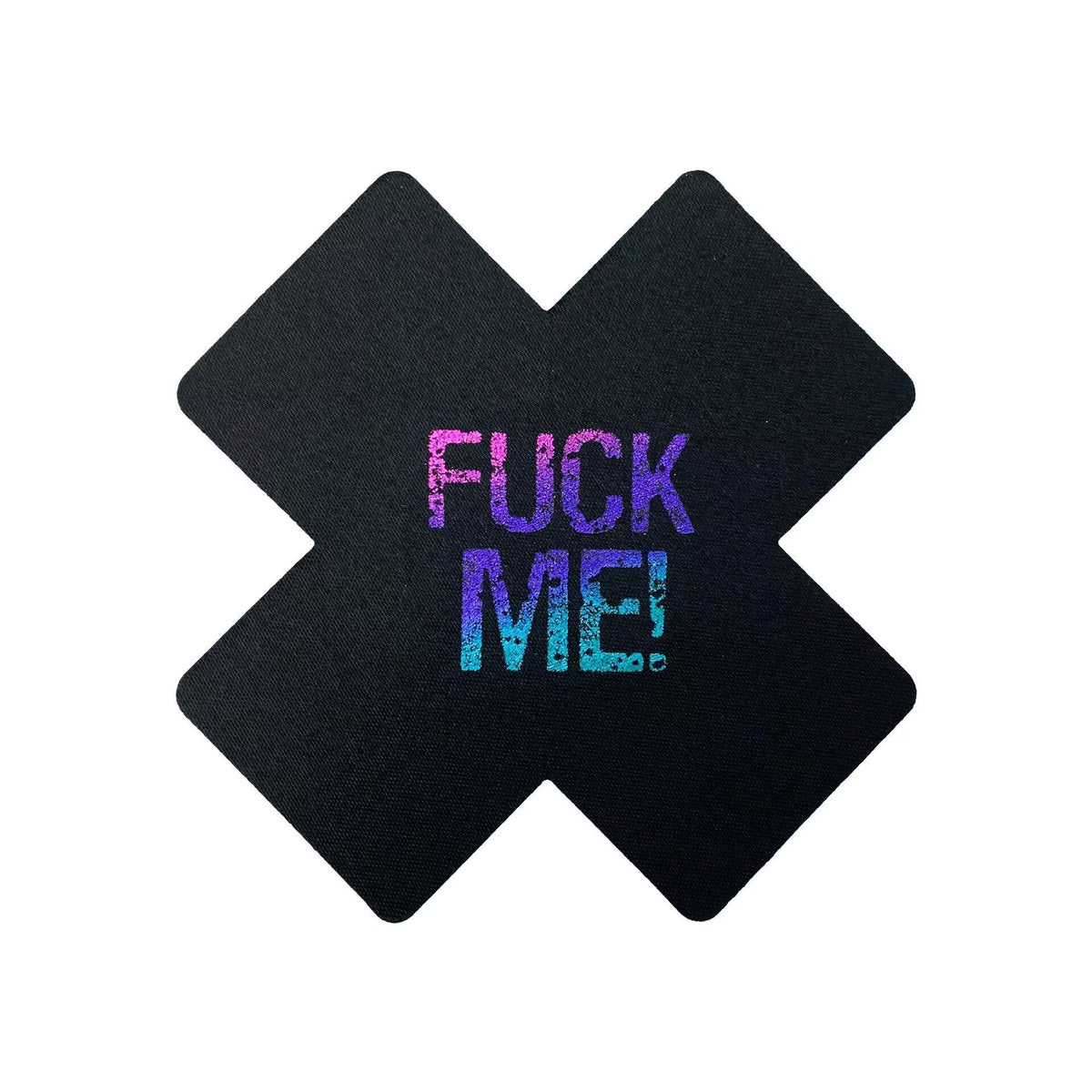 Black cross nipple pasties printed with Fuck Me text in purple holographic shimmering finish