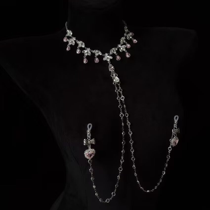 Full view of non pierced nipple body chain set with adjustable silicone rings on mannequin.