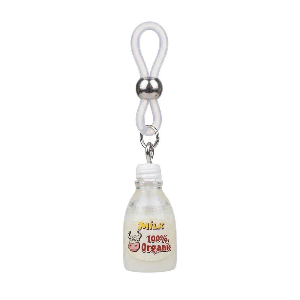 A single non-piercing nipple clamp with an adjustable silicone loop and a miniature milk bottle dangle charm reading 100 percent Organic Milk, isolated on a pure white background.