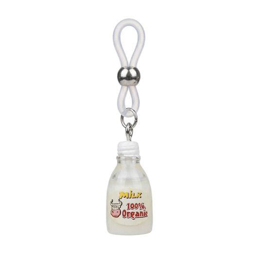 A single non-piercing nipple clamp with an adjustable silicone loop and a miniature milk bottle dangle charm reading 100 percent Organic Milk, isolated on a pure white background.