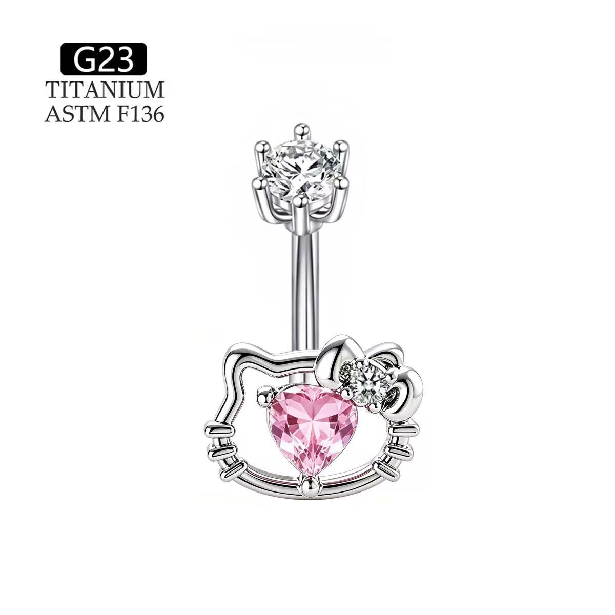Front view of G23 titanium ASTM F136 pink heart kitty navel ring with CZ crystal