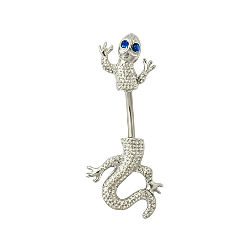 Cute 14G gecko belly button ring featuring sparkling sapphire blue crystal eyes on a pure white background.