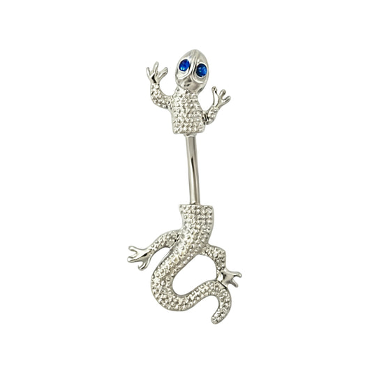 Cute 14G gecko belly button ring featuring sparkling sapphire blue crystal eyes on a pure white background.