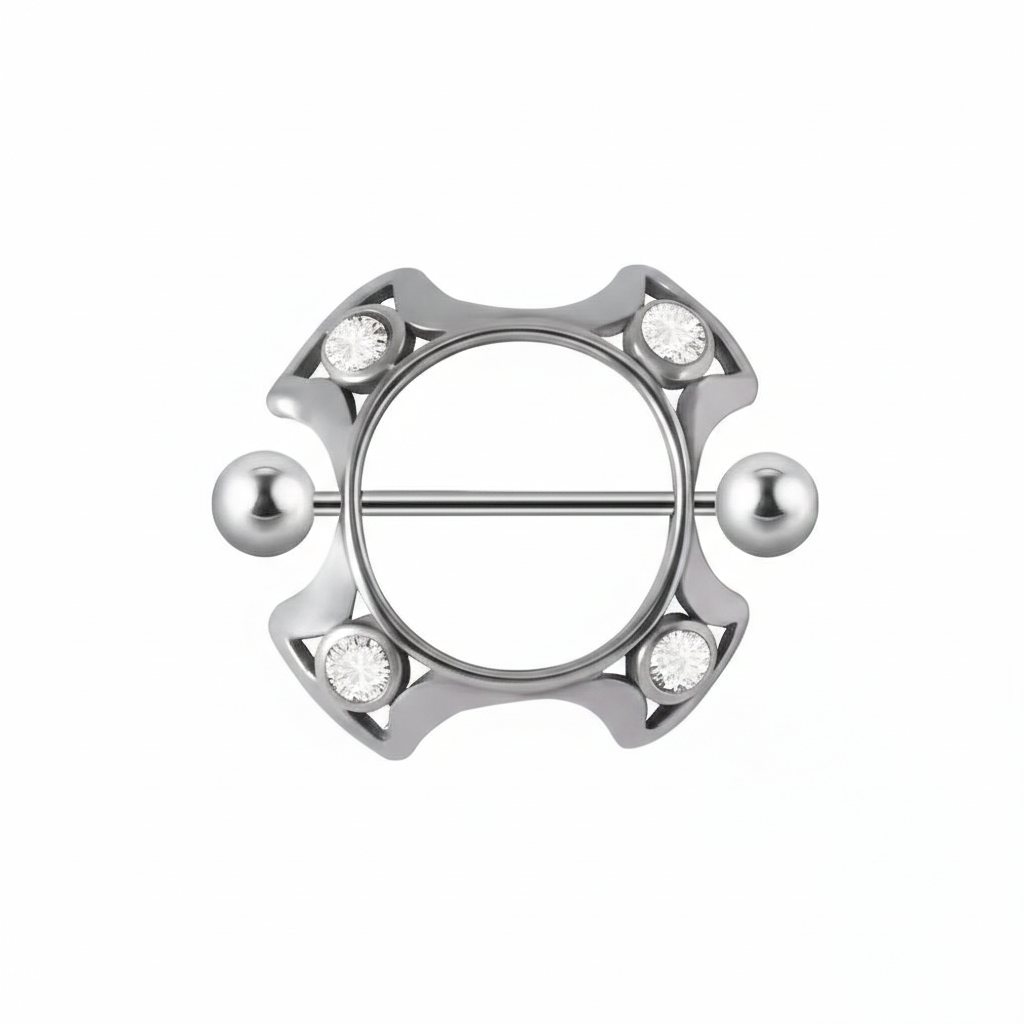 Front view of a sleek geometric nipple shield featuring precision-cut crystals and a center barbell.