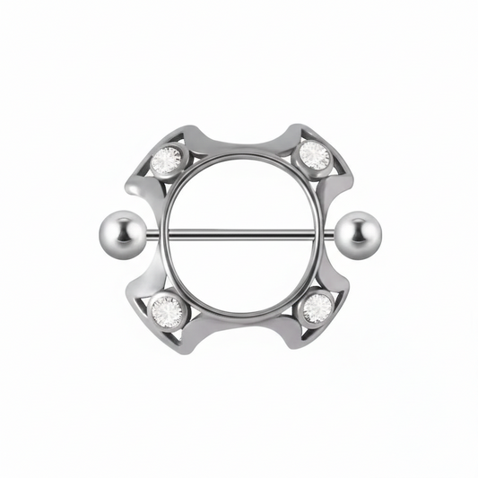 Front view of a sleek geometric nipple shield featuring precision-cut crystals and a center barbell.