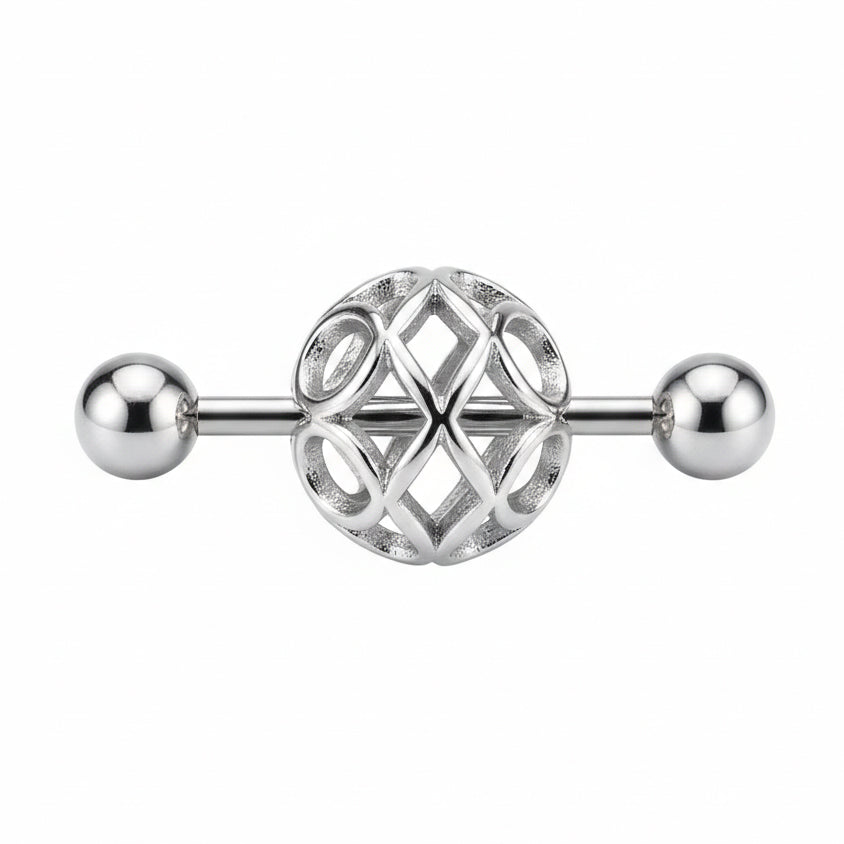 Single view of a geometric sphere-shaped nipple shield accessory for body piercing.