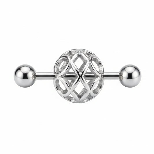Single view of a geometric sphere-shaped nipple shield accessory for body piercing.