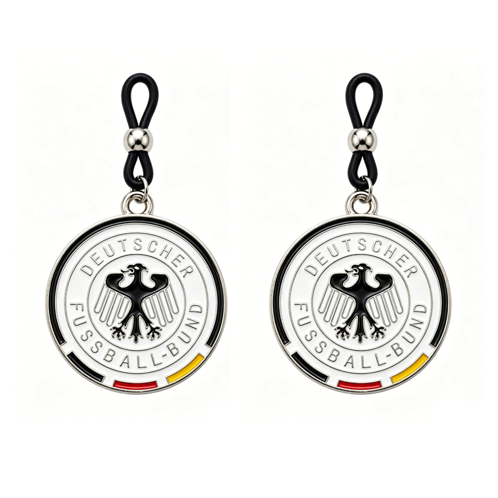 One pair of Germany football theme non-piercing nipple loops featuring the Deutscher Fussball-Bund logo with black, red, and gold colors.