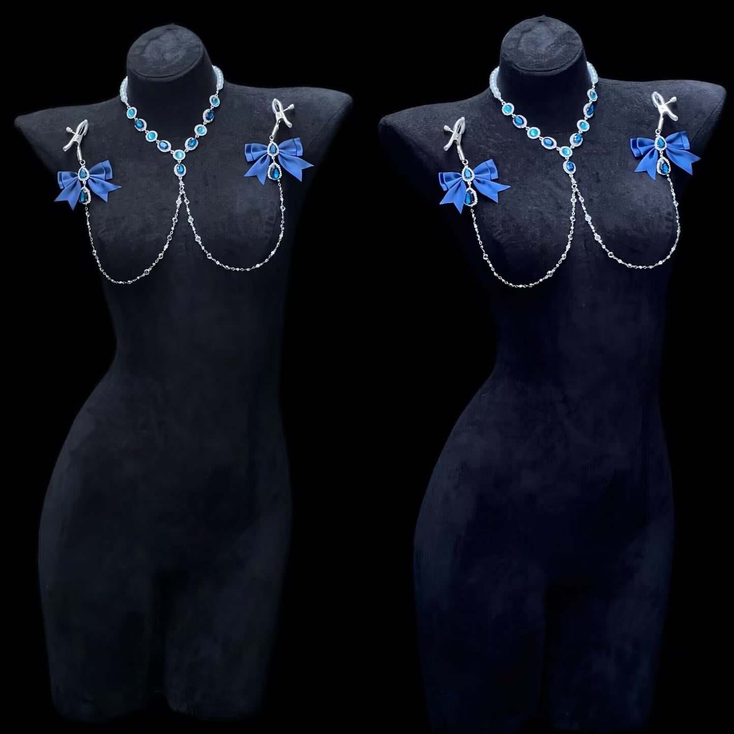 A side-by-side display of the glamorous non-piercing intimate body chain with crystal droplets and blue bows on a mannequin against a dark black background.