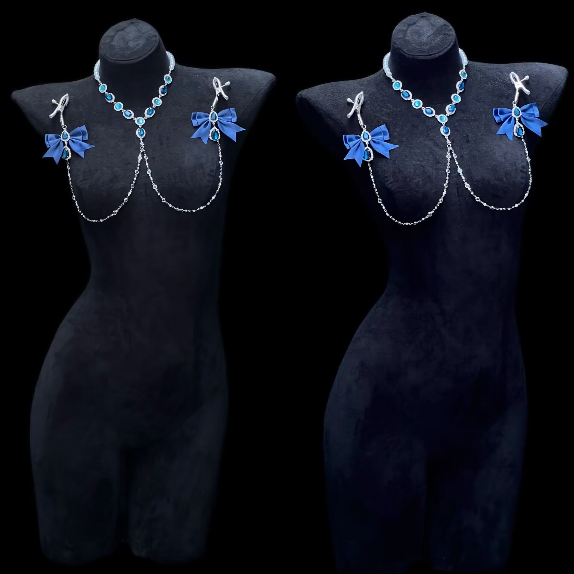 A side-by-side display of the glamorous non-piercing intimate body chain with crystal droplets and blue bows on a mannequin against a dark black background.