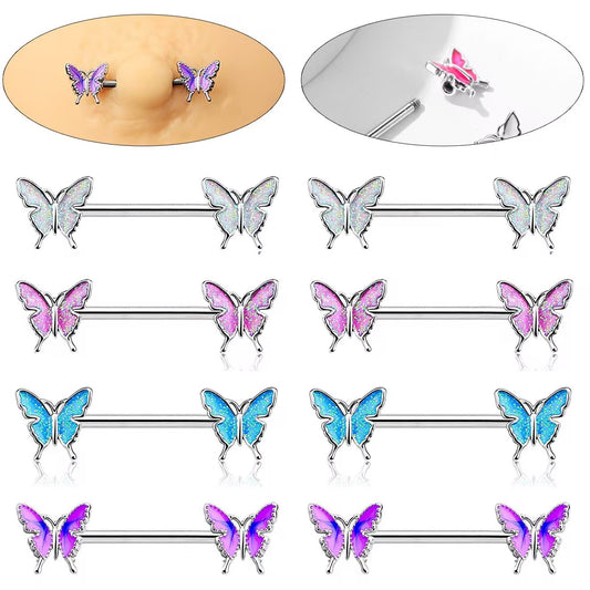 A collection of butterfly nipple rings in white, pink, blue, and purple glitter colors shown on a white background with a piercing model demonstration.