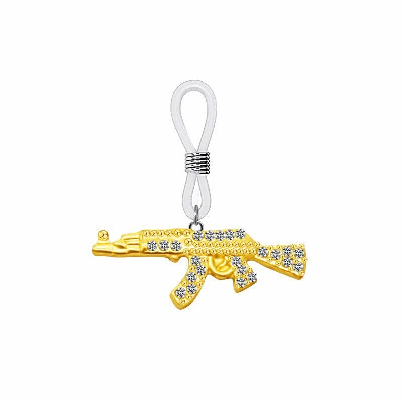 Gold AK47 rifle shaped non-piercing nipple ring with sparkling crystals and adjustable clear silicone loop.
