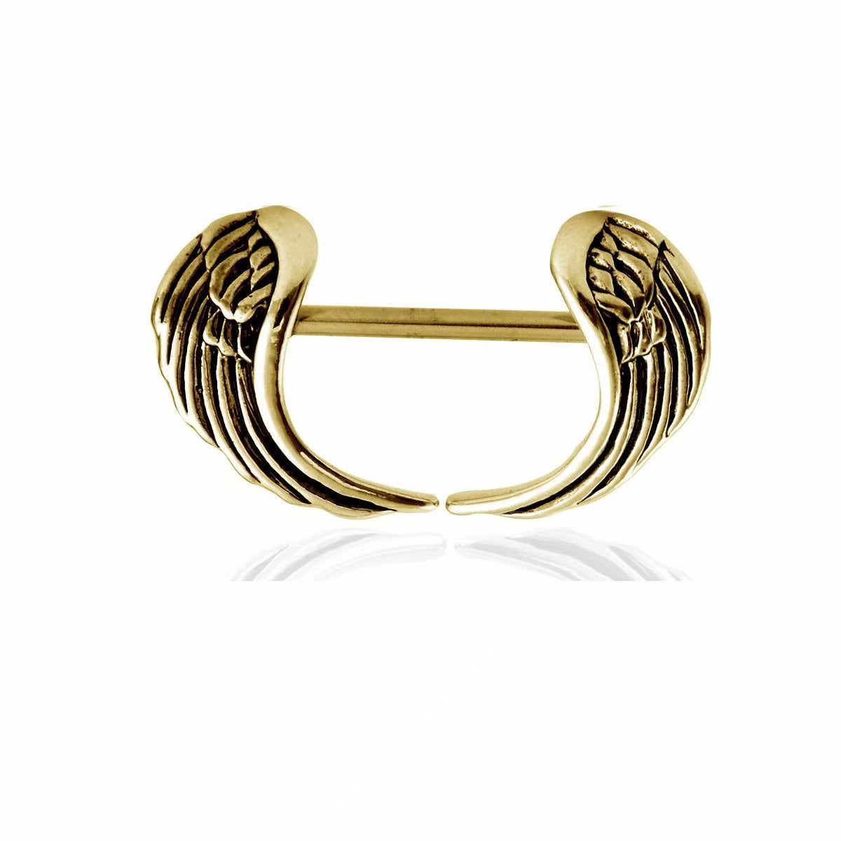 Classic gold finish angel wings nipple shield barbell 14G body jewelry piece.