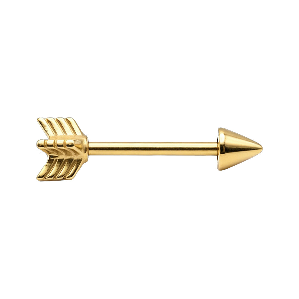 Front view of a luxury gold arrow-shaped straight barbell nipple ring jewelry with an arrowhead and feather fletching design on a pure white background.