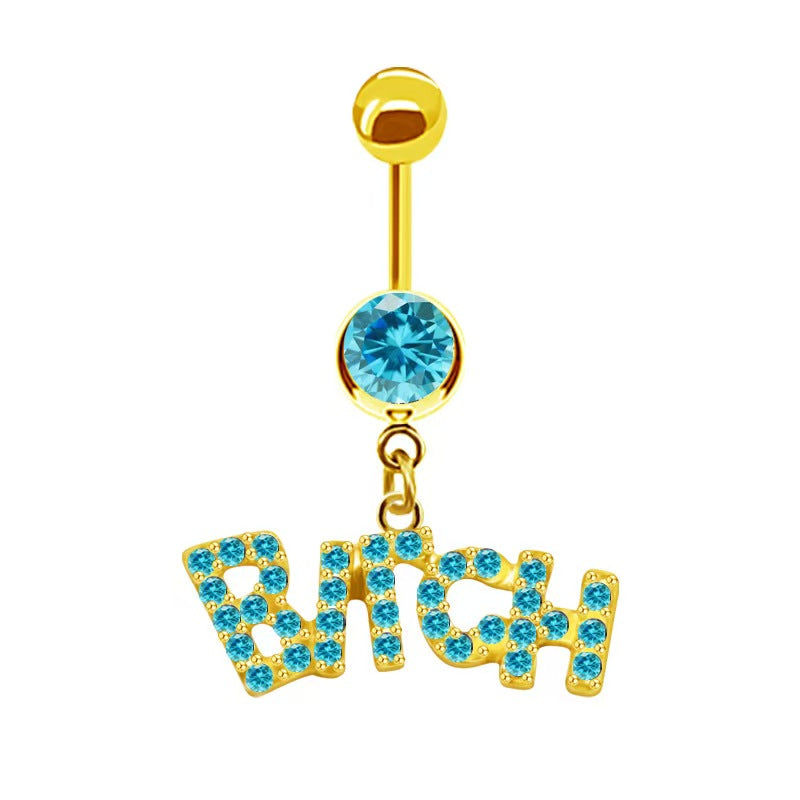 Gold-toned curved navel bar jewelry featuring an eye-catching aqua blue crystal and a gold Bitch letter charm filled with blue rhinestones.